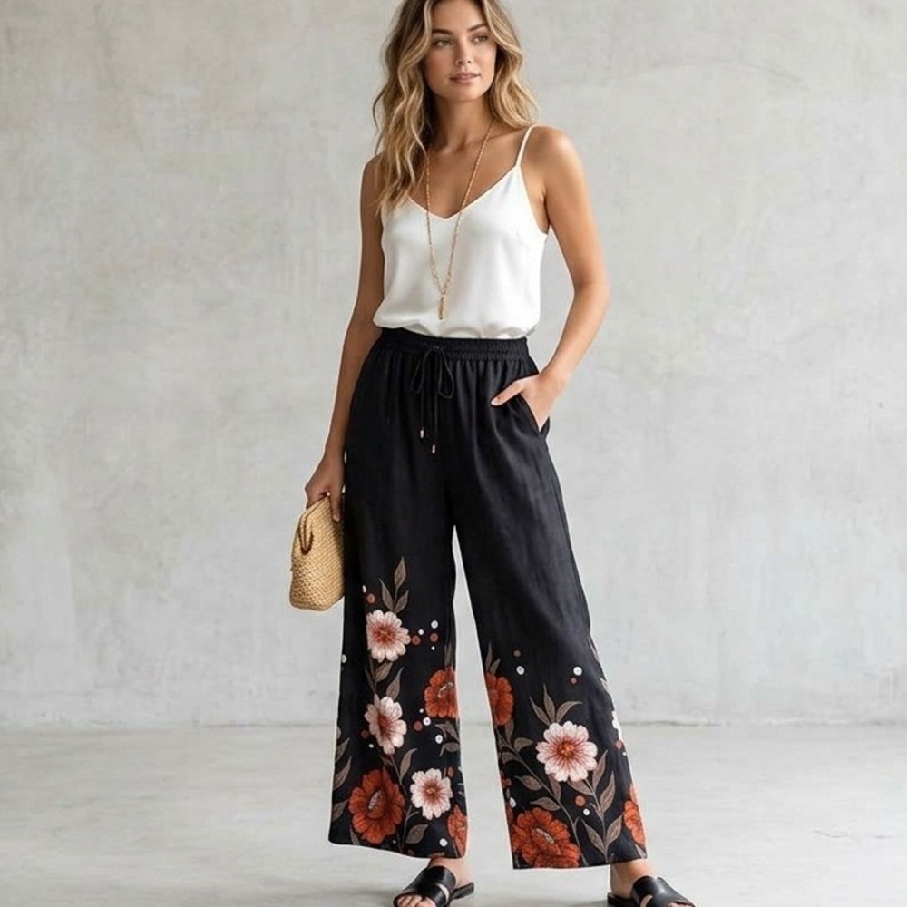 Wide Leg Floral Pants Black Boho Palazzo Vacation Festival Lightweight Casual L